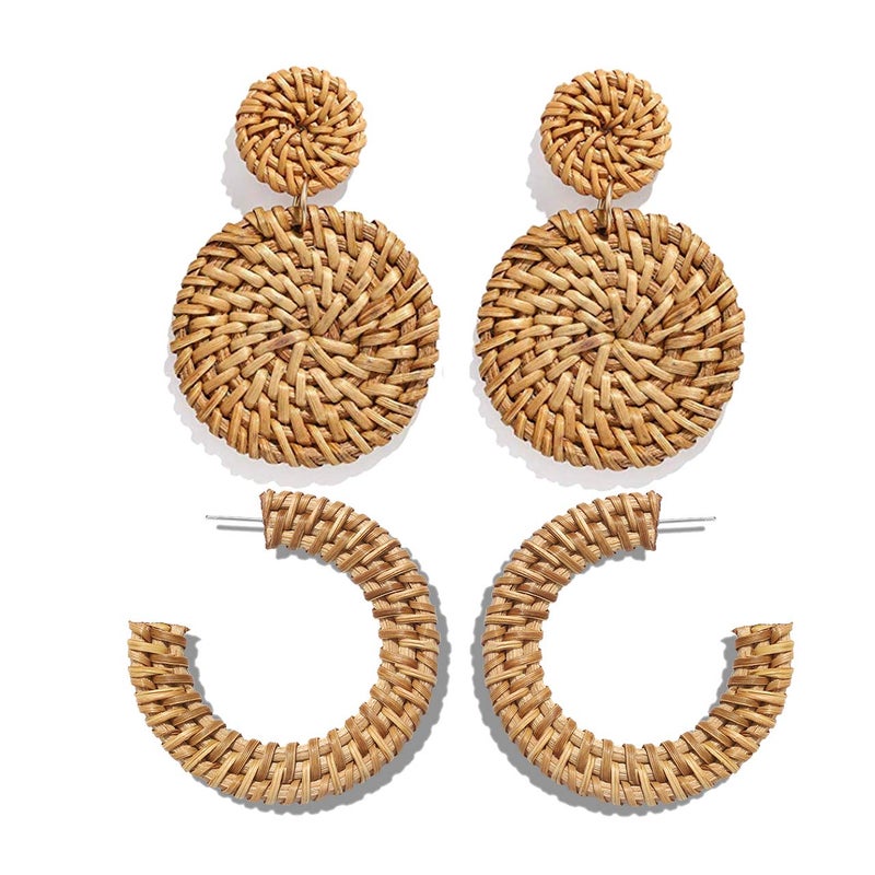 HSWE Rattan Statement Hoop Earrings - Woven Dangle Drop Earrings Set - Image 4